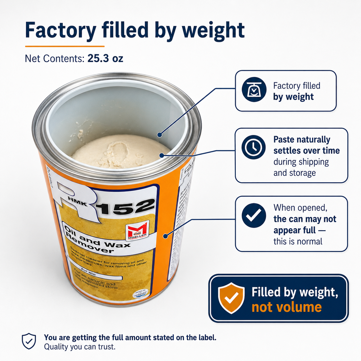 HMK R152 oil and wax remover paste showing factory-filled by weight notice and 25.3 oz net contents