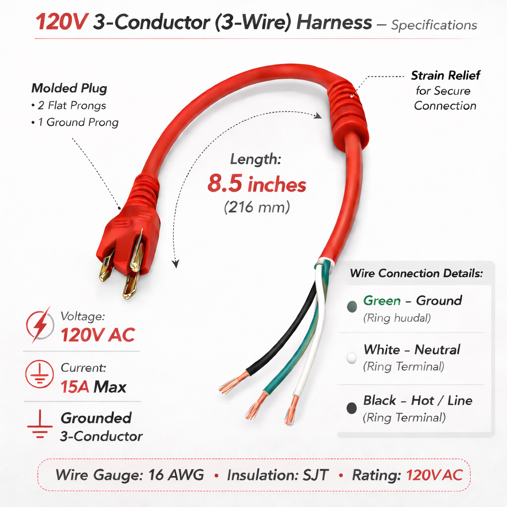 120V 3-conductor 3-wire harness with red molded three-prong plug, 8.5-inch cord, and stripped black, white, and green wire ends, showing 15A max and 16 AWG specifications.