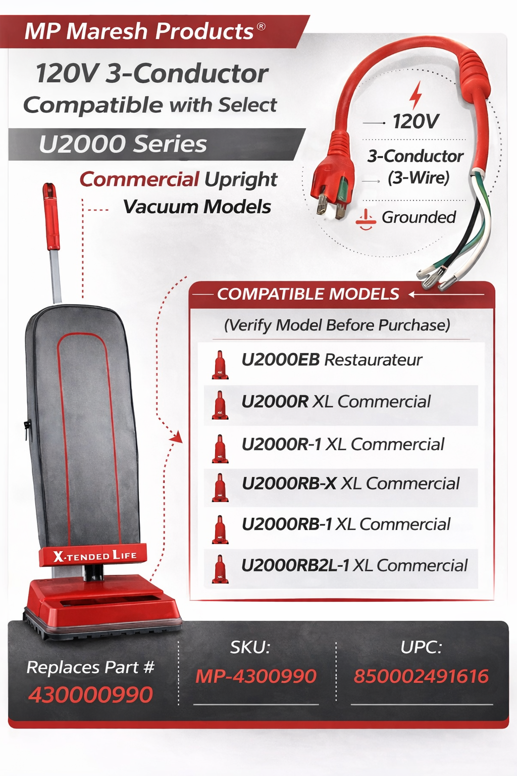 Product compatibility graphic for MP Maresh Products 120V 3-conductor 3-wire pigtail cord for select U2000 series commercial upright vacuum models, showing cord image, upright vacuum, and compatible model list.