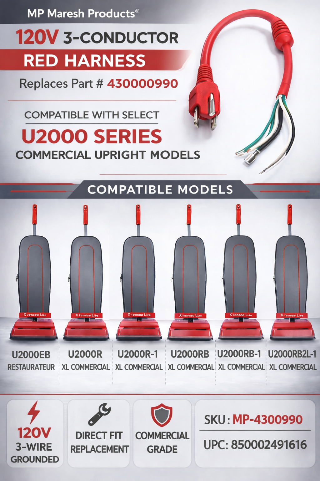MP Maresh Products 120V 3-conductor red harness replacement cord for select U2000 Series commercial upright vacuum models, showing compatible vacuum models and part number 430000990.