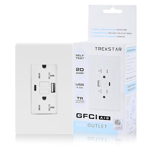 TrekStar GFCI USB Outlet 20 Amp Duplex Wall Receptacle with Built-in USB Type A & Type C Combo with 24W Charging Port for Smartphone, Self-Test, Tamper Resistant, White Wall Plate Cover Included