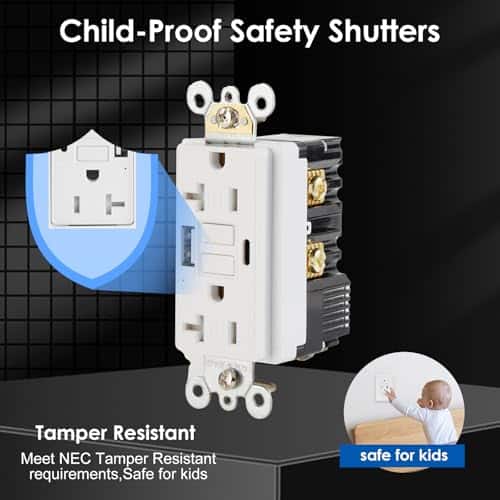 TrekStar GFCI USB Outlet 20 Amp Duplex Wall Receptacle with Built-in USB Type A & Type C Combo with 24W Charging Port for Smartphone, Self-Test, Tamper Resistant, White Wall Plate Cover Included - Image 5