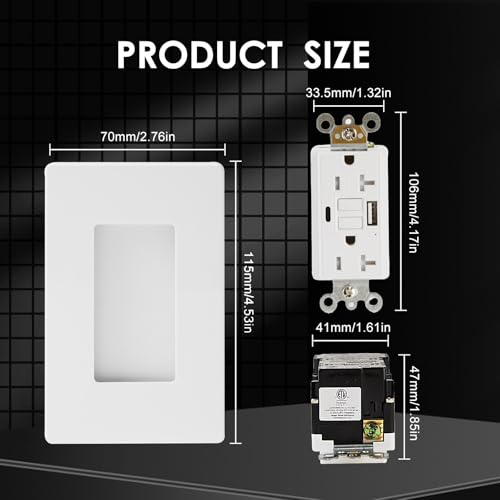 TrekStar GFCI USB Outlet 20 Amp Duplex Wall Receptacle with Built-in USB Type A & Type C Combo with 24W Charging Port for Smartphone, Self-Test, Tamper Resistant, White Wall Plate Cover Included - Image 6