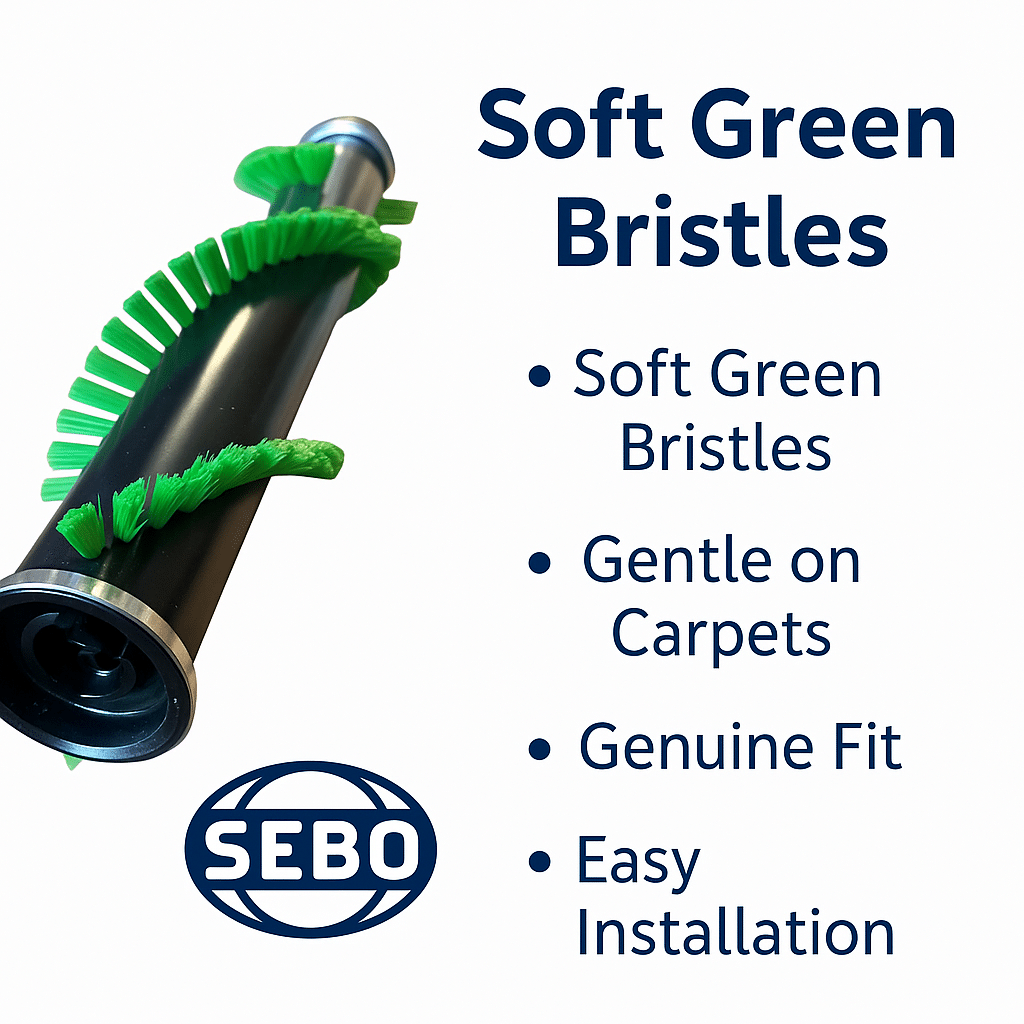 SEBO 5010GE brush roller showing key features such as soft green bristles, gentle carpet cleaning, genuine fit, and easy installation