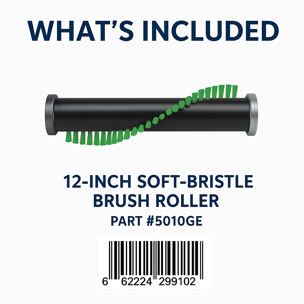 Package contents showing one SEBO 5010GE 12-inch soft-bristle brush roller with part number and UPC 676224299102