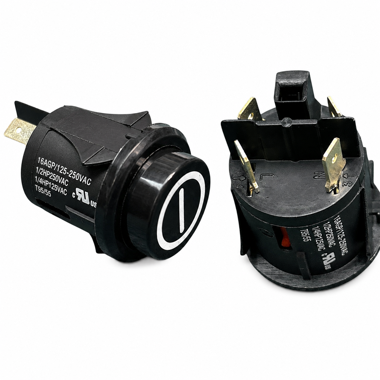 Nilfisk Advance 107408927 power switch front and rear views for GD930 VP930 UZ930 vacuum models