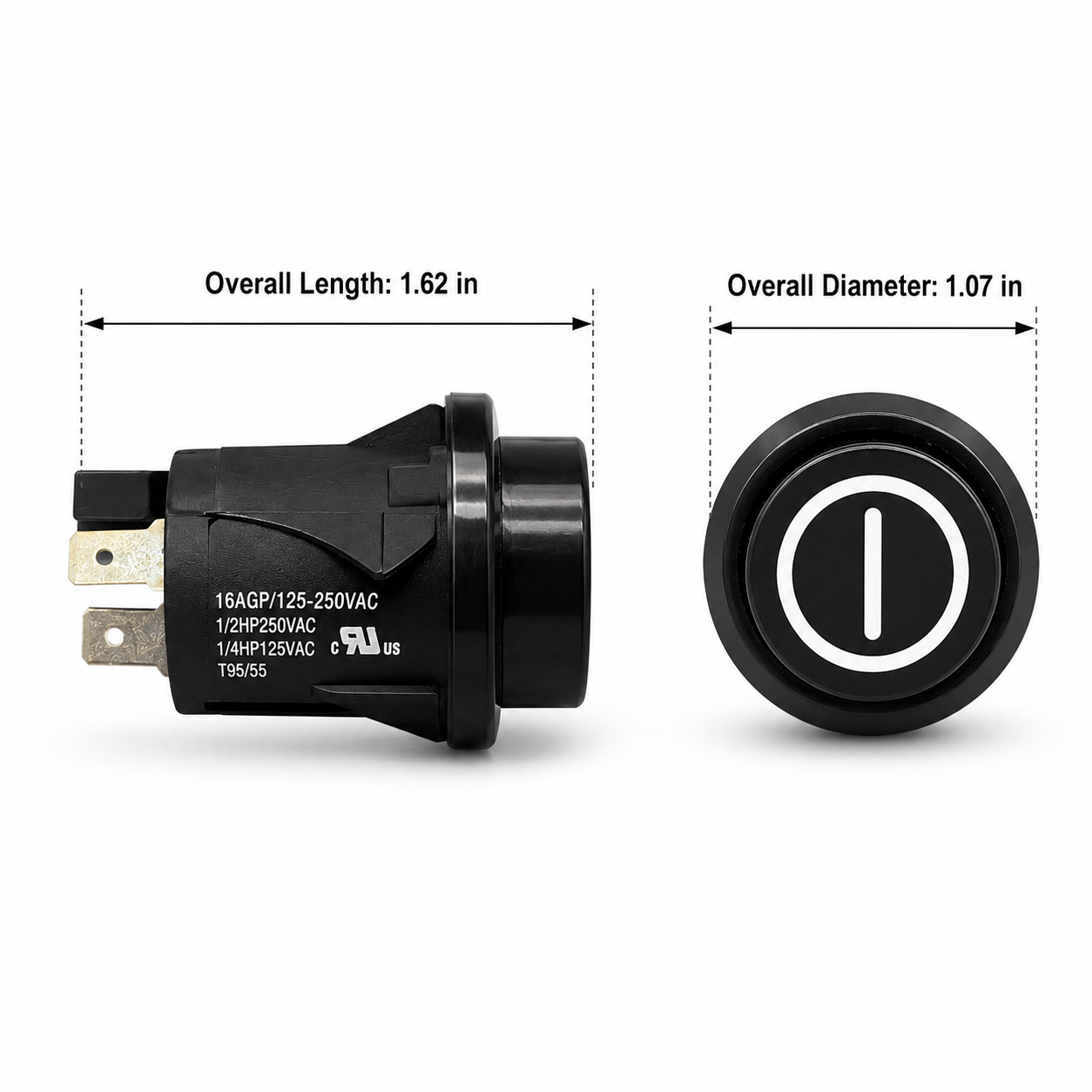 Nilfisk Advance 107408927 power switch dimensions showing 1.62 inch length and 1.07 inch diameter
