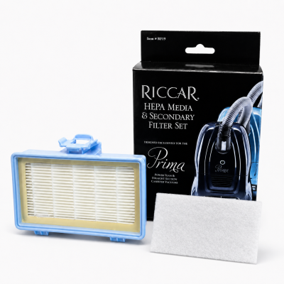 Riccar RF19 HEPA Media and Secondary Filter Set with box, primary HEPA filter, and secondary filter for Prima canister vacuums