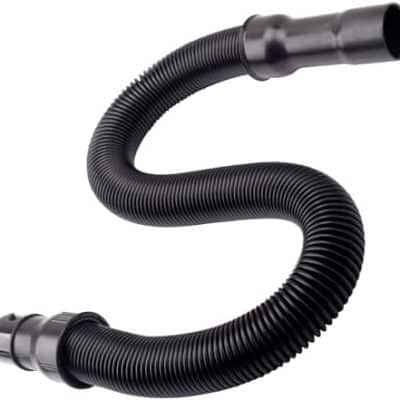 Flexible black corrugated vacuum hose with metal connectors at both ends.