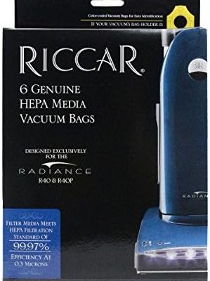Riccar packaging for 6 Genuine HEPA Media Vacuum Bags, with a blue Riccar vacuum image and model compatibility notes.