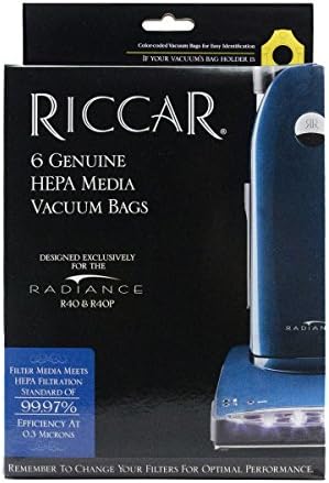 Riccar packaging for 6 Genuine HEPA Media Vacuum Bags, with a blue Riccar vacuum image and model compatibility notes.