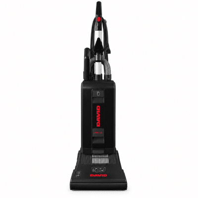 DAVID PRO-D upright vacuum cleaner, black commercial vacuum with onboard hose and attachments, front view