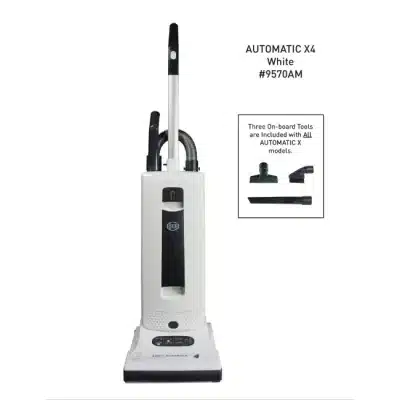 SEBO AUTOMATIC X4 upright vacuum cleaner, model 9570AM, white finish, with automatic height adjustment and onboard cleaning attachments