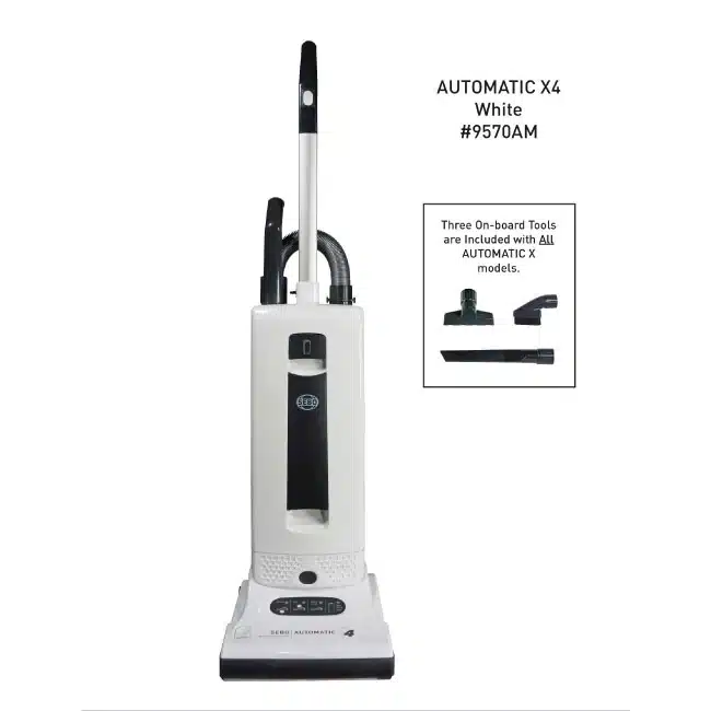 SEBO AUTOMATIC X4 upright vacuum cleaner, model 9570AM, white finish, with automatic height adjustment and onboard cleaning attachments